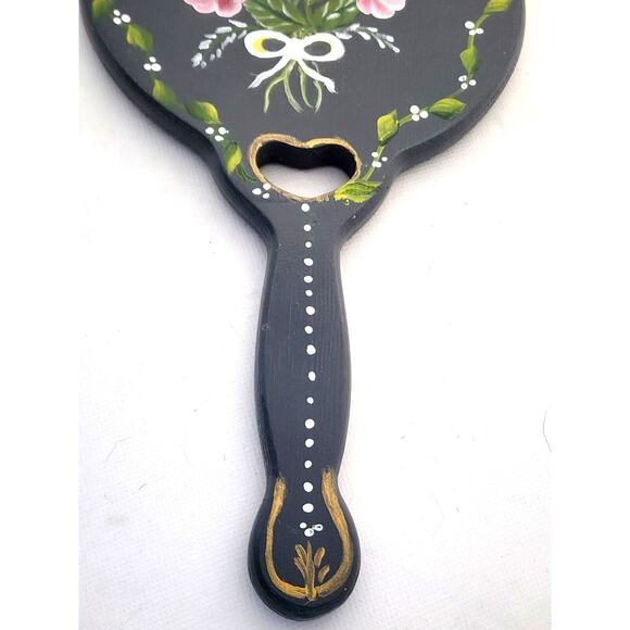 MIRROR-HAND HELD VANITY-Hand Painted-Gray-Floral-Leaves-Heart - Picture 4 of 9